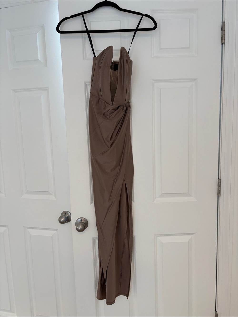 Michael Costello Taupe Strapless Ruched Maxi Dress